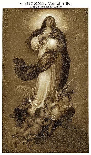 Old chromolithograph illustration of Madonna by Bartolome Esteban Murillo