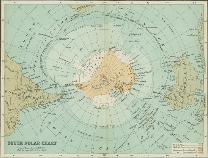 Framed Print : Old chromolithograph illustration of map of South Polar Regions