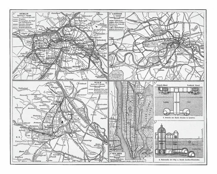 Framed Print : Old chromolithograph illustration of railway network in Berlin, London, Vienna and New York Framed Print : Old chromolithograph illustration of railway network in Berlin, London, Vienna and New York