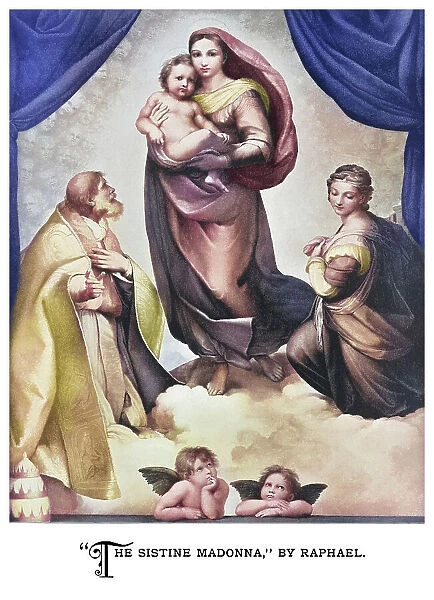 Old chromolithograph illustration of The Sistine Madonna ( Madonna di San Sisto), oil painting by the Italian artist Raphael