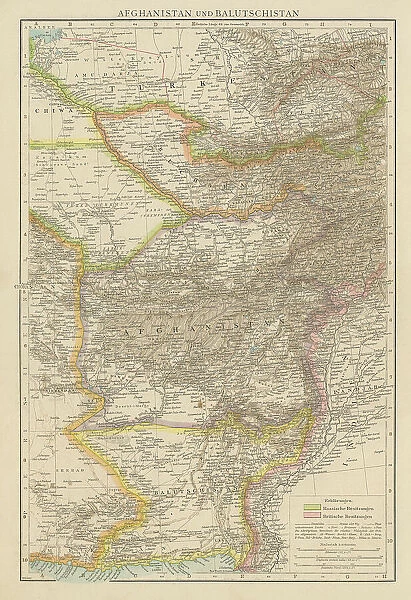 Old chromolithograph map of Afghanistan and Balochistan (Balochistan or Afghani Baluchistan, an arid, mountainous region that includes part of southern and southwestern Afghanistan)