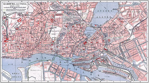 Old chromolithograph map of Altona or Hamburg-Altona, the westernmost urban borough of the German city state of Hamburg (located on the right bank of the Elbe river)