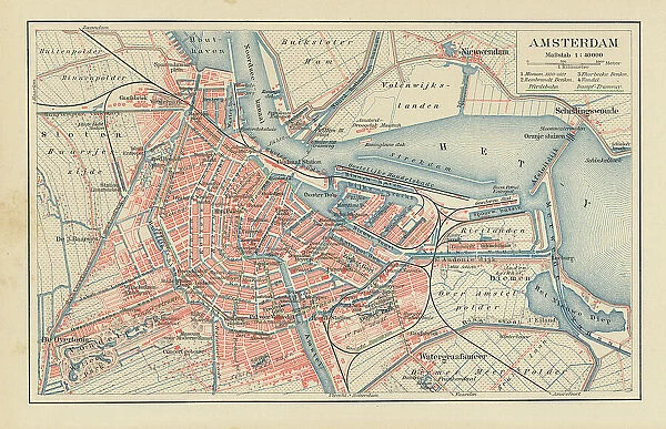 Old chromolithograph map of Amsterdam, capital and most populous city of the Netherlands