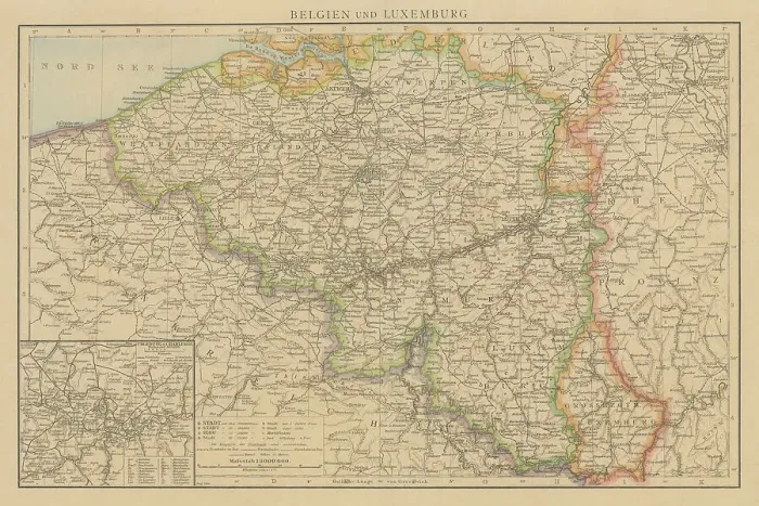 Framed Print : Old chromolithograph map of Belgium and Luxembourg