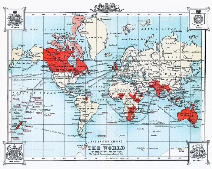 Framed Print : Old chromolithograph map of the British Empire through the World Framed Print : Old chromolithograph map of the British Empire through the World
