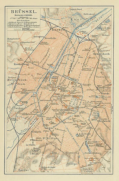 Old chromolithograph map of Brussels, officially the Brussels-Capital Region, region of Belgium comprising 19 municipalities, including the City of Brussels, which is the capital of Belgium