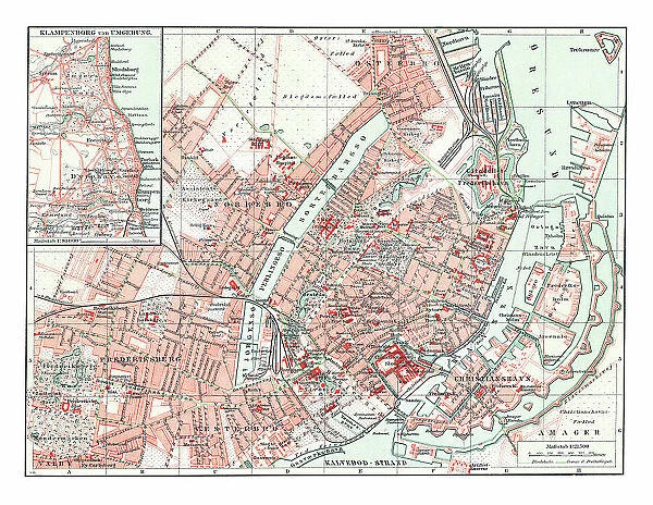 Old chromolithograph map of Copenhagen, capital and most populous city of Denmark