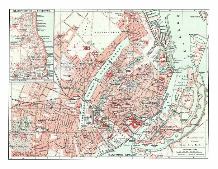 Framed Print : Old chromolithograph map of Copenhagen, capital and most populous city of Denmark Framed Print : Old chromolithograph map of Copenhagen, capital and most populous city of Denmark