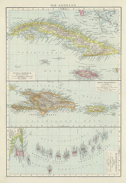 Old chromolithograph map of Cuba (northern Caribbean Sea, Gulf of Mexico, and Atlantic Ocean), Haiti and Lesser Antilles