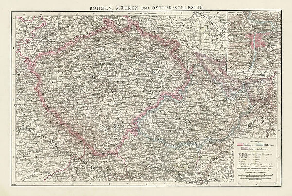 Old chromolithograph map of Czech Republic on the general map of Bohemia, Moravia and Austrian Silesia