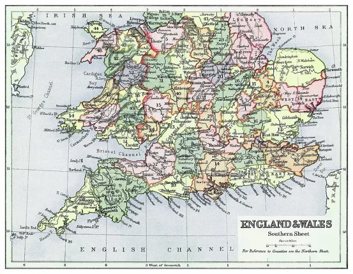Framed Print : Old chromolithograph map of England and Wales (Southern sheet) Framed Print : Old chromolithograph map of England and Wales (Southern sheet)
