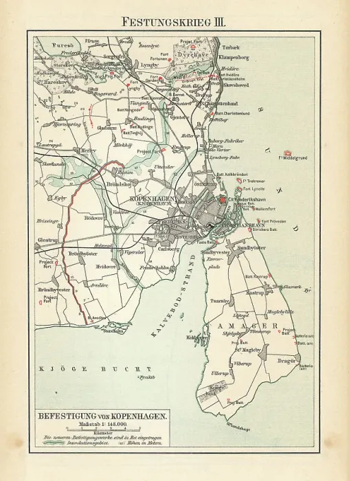 Framed Print : Old chromolithograph map of fortification of Copenhagen, Denmark (fortress war)