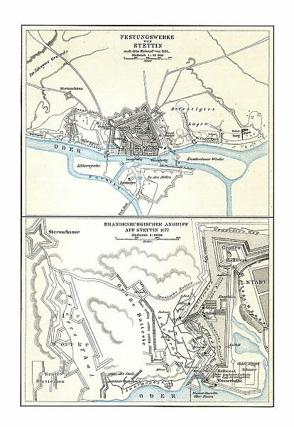 Old chromolithograph map of fortifications of Szczecin - Brandenburg attack on Stettin (1677)