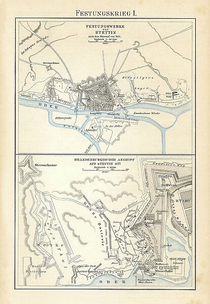 Old chromolithograph map of fortifications of Szczecin - Brandenburg attack on Stettin (1677)