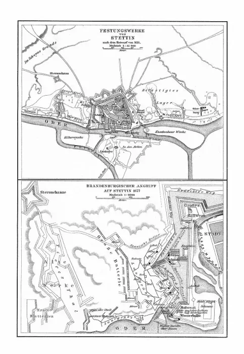 Framed Print : Old chromolithograph map of fortifications of Szczecin - Brandenburg attack on Stettin (1677) Framed Print : Old chromolithograph map of fortifications of Szczecin - Brandenburg attack on Stettin (1677)