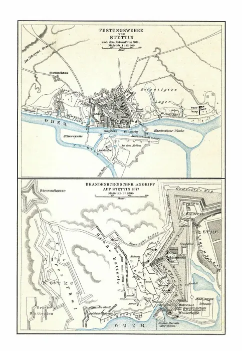 Framed Print : Old chromolithograph map of fortifications of Szczecin - Brandenburg attack on Stettin (1677) Framed Print : Old chromolithograph map of fortifications of Szczecin - Brandenburg attack on Stettin (1677)