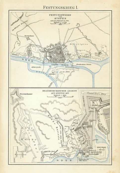 Framed Print : Old chromolithograph map of fortifications of Szczecin - Brandenburg attack on Stettin (1677) Framed Print : Old chromolithograph map of fortifications of Szczecin - Brandenburg attack on Stettin (1677)