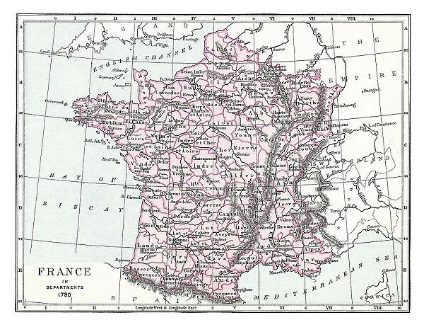 Old chromolithograph map of France in Departments, 1790
