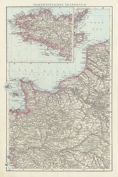 Old chromolithograph map of France - Northwest part