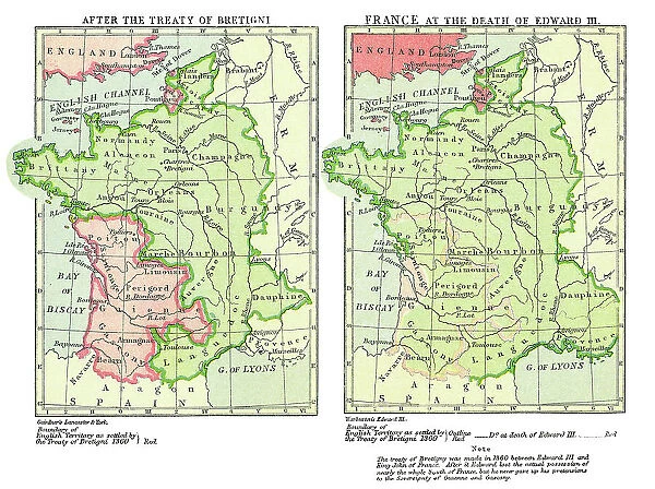 Old chromolithograph map of France after the Treaty of Bretigny and France at the death of Edward III