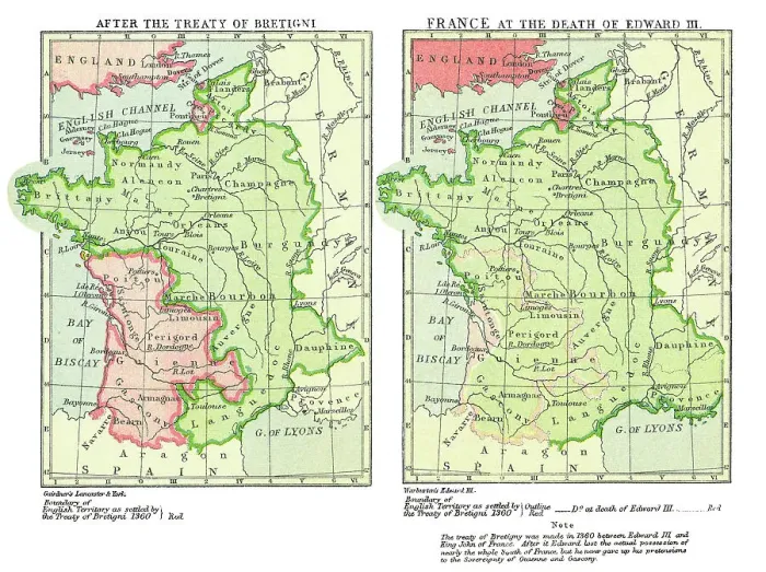 Framed Print : Old chromolithograph map of France after the Treaty of Bretigny and France at the death of Edward III Framed Print : Old chromolithograph map of France after the Treaty of Bretigny and France at the death of Edward III