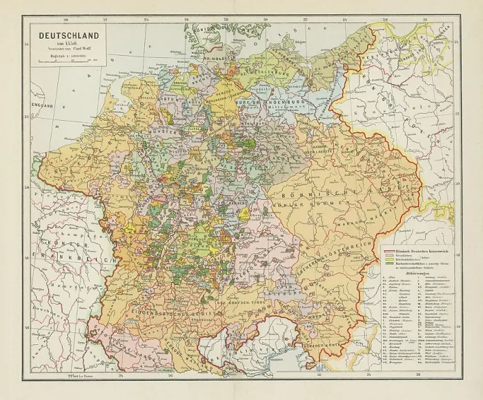 Framed Print : Old chromolithograph map of Germany around the 1550 Framed Print : Old chromolithograph map of Germany around the 1550