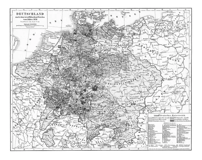 Framed Print : Old chromolithograph map of Germany after the Peace of Westphalia of 1648 Framed Print : Old chromolithograph map of Germany after the Peace of Westphalia of 1648