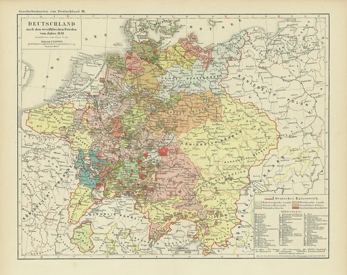 Framed Print : Old chromolithograph map of Germany after the Peace of Westphalia of 1648 Framed Print : Old chromolithograph map of Germany after the Peace of Westphalia of 1648