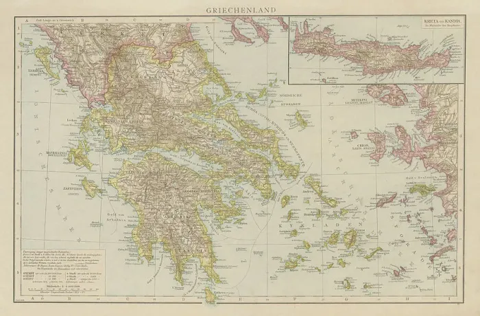 Framed Print : Old chromolithograph map of Greece and its islands