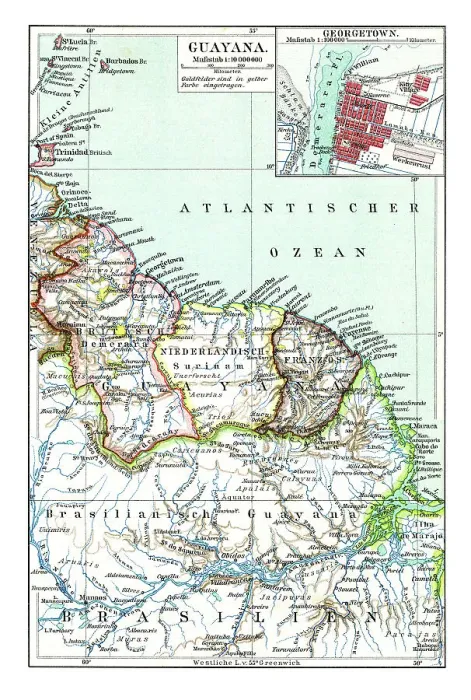 Framed Print : Old chromolithograph map of Guyana, country on the northern mainland of South America Framed Print : Old chromolithograph map of Guyana, country on the northern mainland of South America