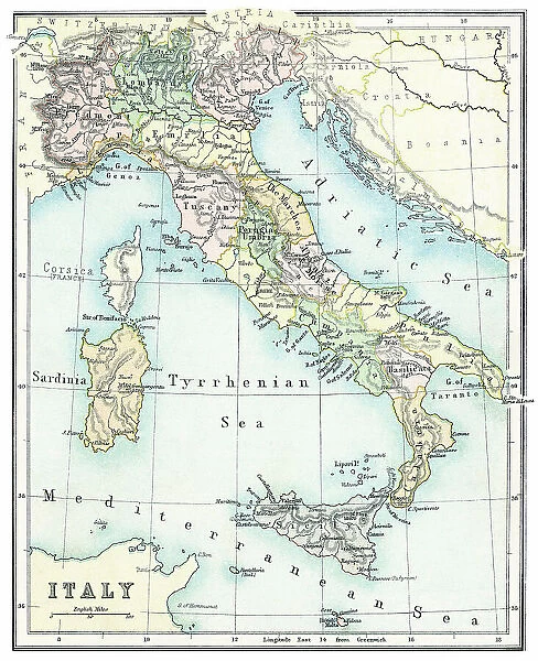 Old chromolithograph map of Italy and Islands
