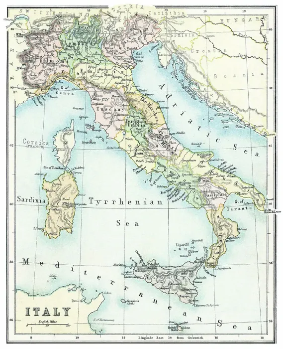 Framed Print : Old chromolithograph map of Italy and Islands Framed Print : Old chromolithograph map of Italy and Islands