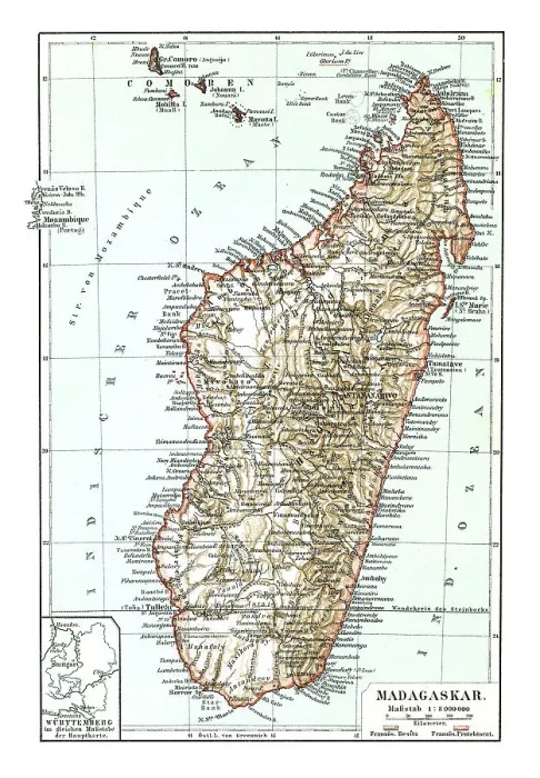 Framed Print : Old chromolithograph map of Madagascar, island country in the Indian Ocean