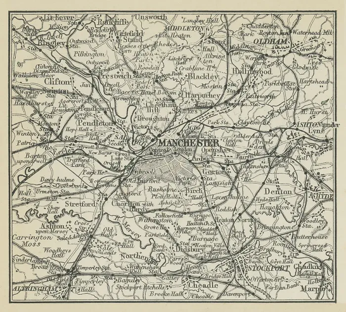 Framed Print : Old chromolithograph map of Manchester, a city and metropolitan borough of Greater Manchester, England