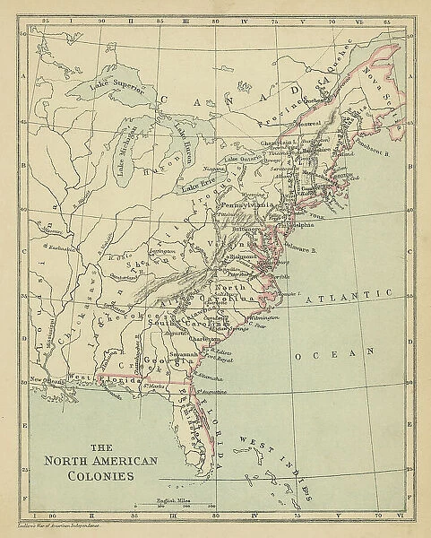Old chromolithograph map the North American Colonies