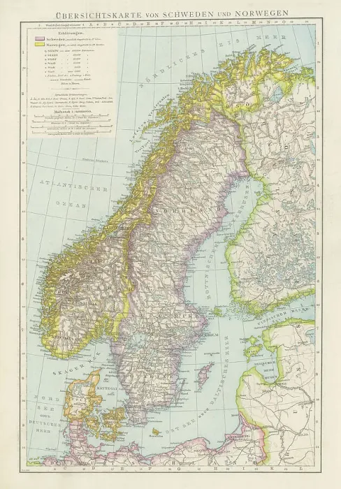 Framed Print : Old chromolithograph map of Norway and Sweden (Scandinavia)