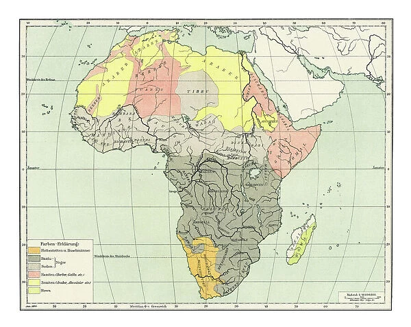 Old chromolithograph map of the peoples of Africa