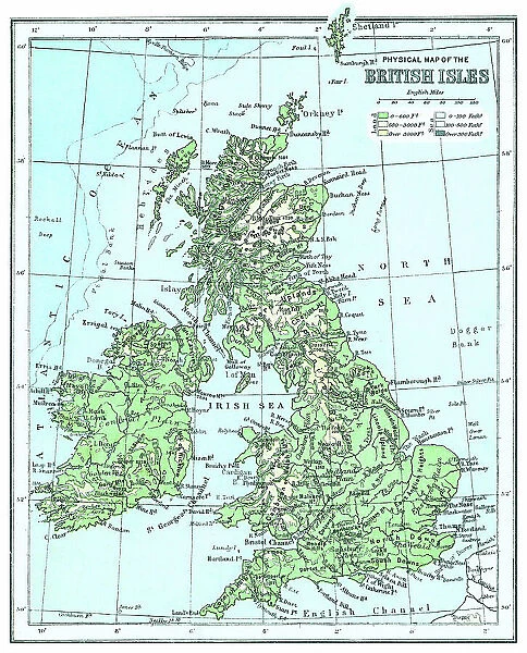 Old chromolithograph map of physical map of the British Isles