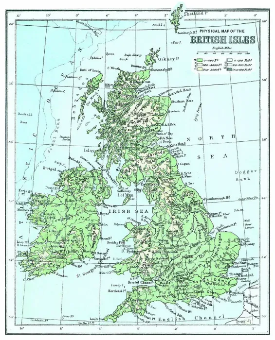 Framed Print : Old chromolithograph map of physical map of the British Isles