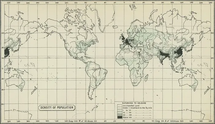Framed Print : Old chromolithograph map of population density of the Earth (World) Framed Print : Old chromolithograph map of population density of the Earth (World)