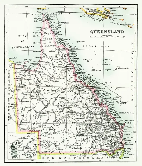 Framed Print : Old chromolithograph map of Queensland, a state situated in northeastern Australia, and is the second-largest and third-most populous of the Australian states