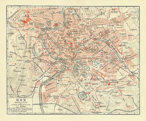 Old chromolithograph map of Rome, Italy