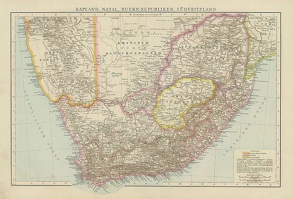 Old chromolithograph map of South Africa - Cape Colony and Natal provinces, Namibia - coast British