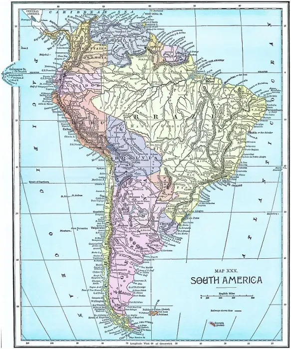 Framed Print : Old chromolithograph map of South America continent Framed Print : Old chromolithograph map of South America continent