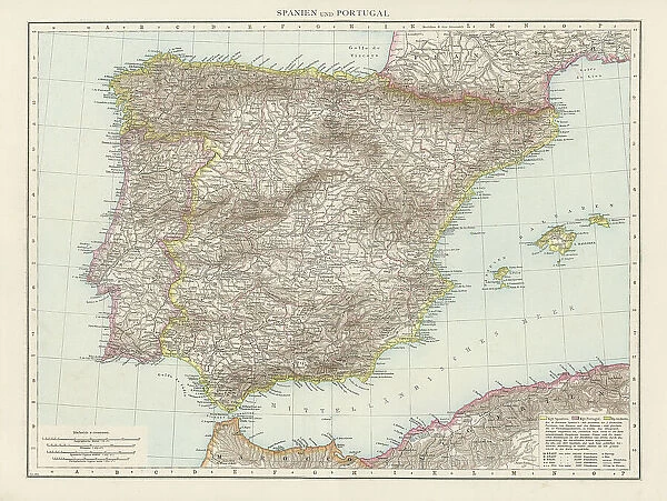 Old chromolithograph map of Spain and Portugal (Iberian peninsula)