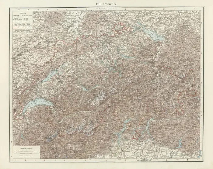 Framed Print : Old chromolithograph map of Switzerland, Western, Central and Southern Europe