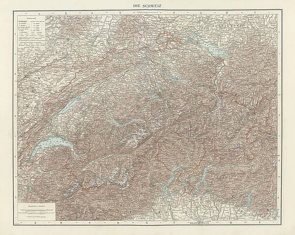 Old chromolithograph map of Switzerland, Western, Central and Southern Europe