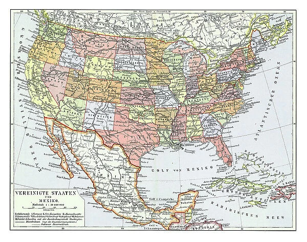 Old chromolithograph map of the United States and Mexico