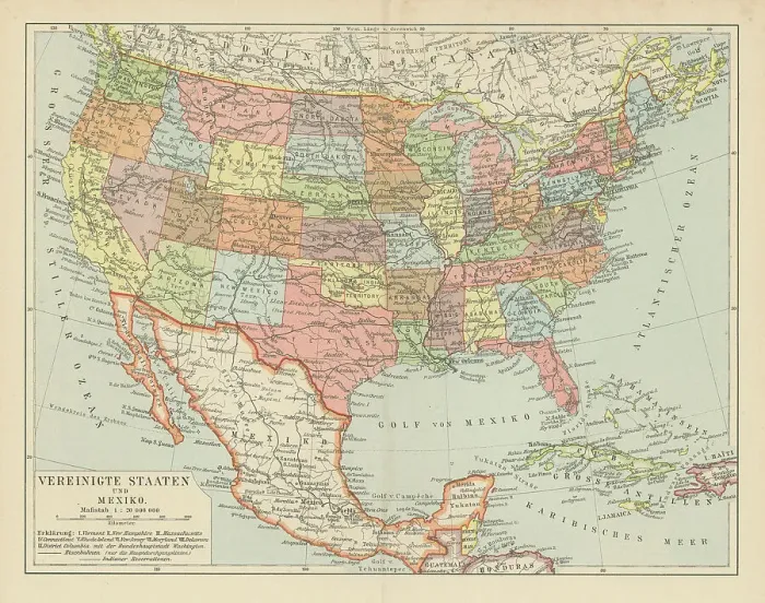 Framed Print : Old chromolithograph map of the United States and Mexico