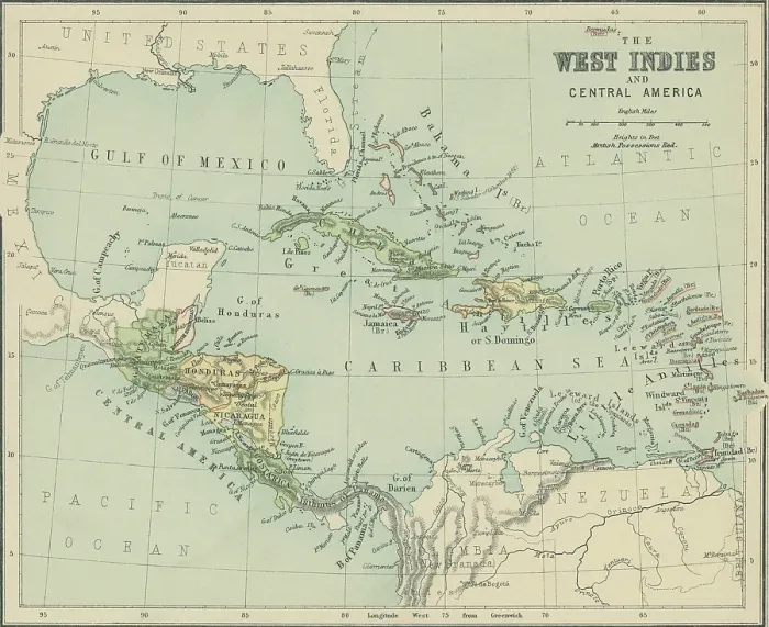 Framed Print : Old chromolithograph map of West Indies (British Guiana), Central America (Venezuela) part of Colombia and Jamaica